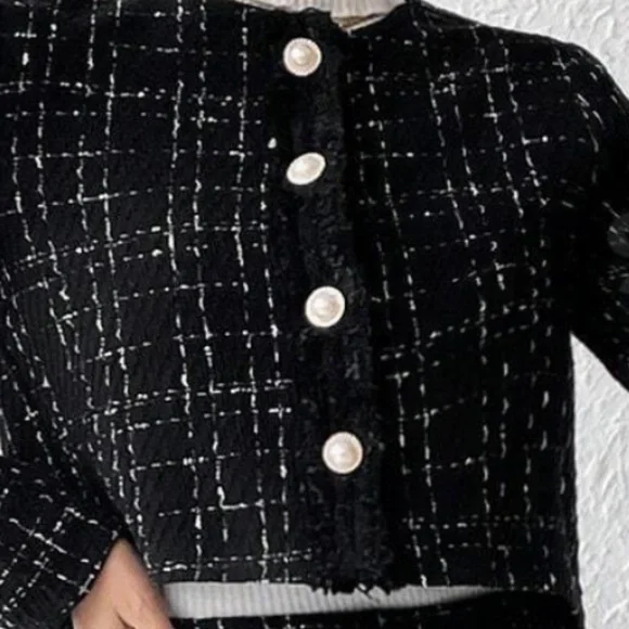 Classic Tweed Button Crop Jacket Midi Frayed Hem Skirt Set - Picture 8 of 10